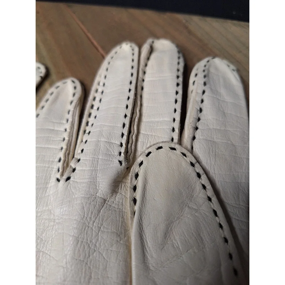 Vintage Tailored Gloves Gloversville NY White Leather Black Whipstitch Size 7